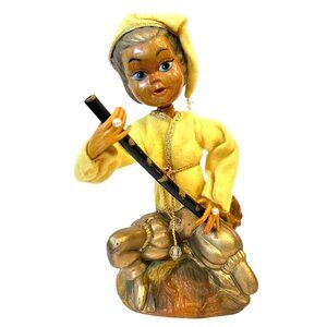TILSO 1960s Golden Fantasy Mid Century Elf Pixie w/ Flute on Log-Hong Kong